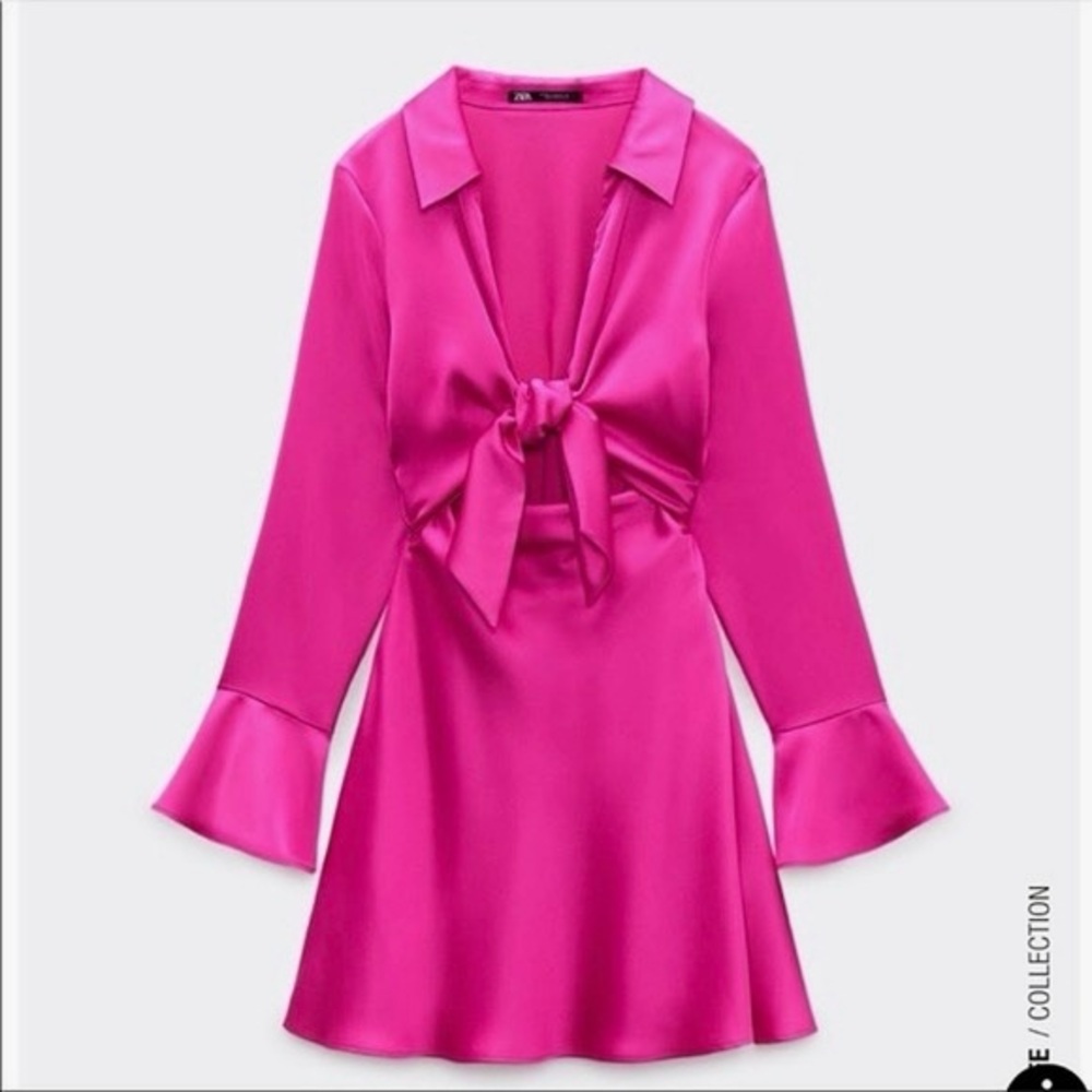 NWT Zara pink Satin Tie Front Long Sleeve Dress Medium Cutout